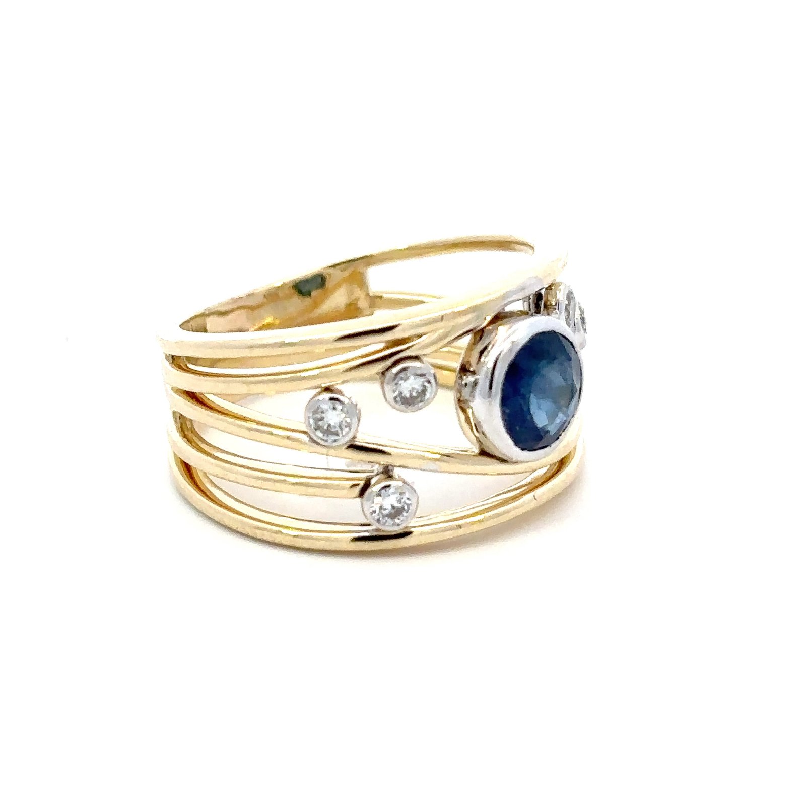 9K Yellow Gold Ring with Round Blue Sapphire 0.92 Carat and 5 Round White Diamonds TDW 0.17 Carat - Image 3