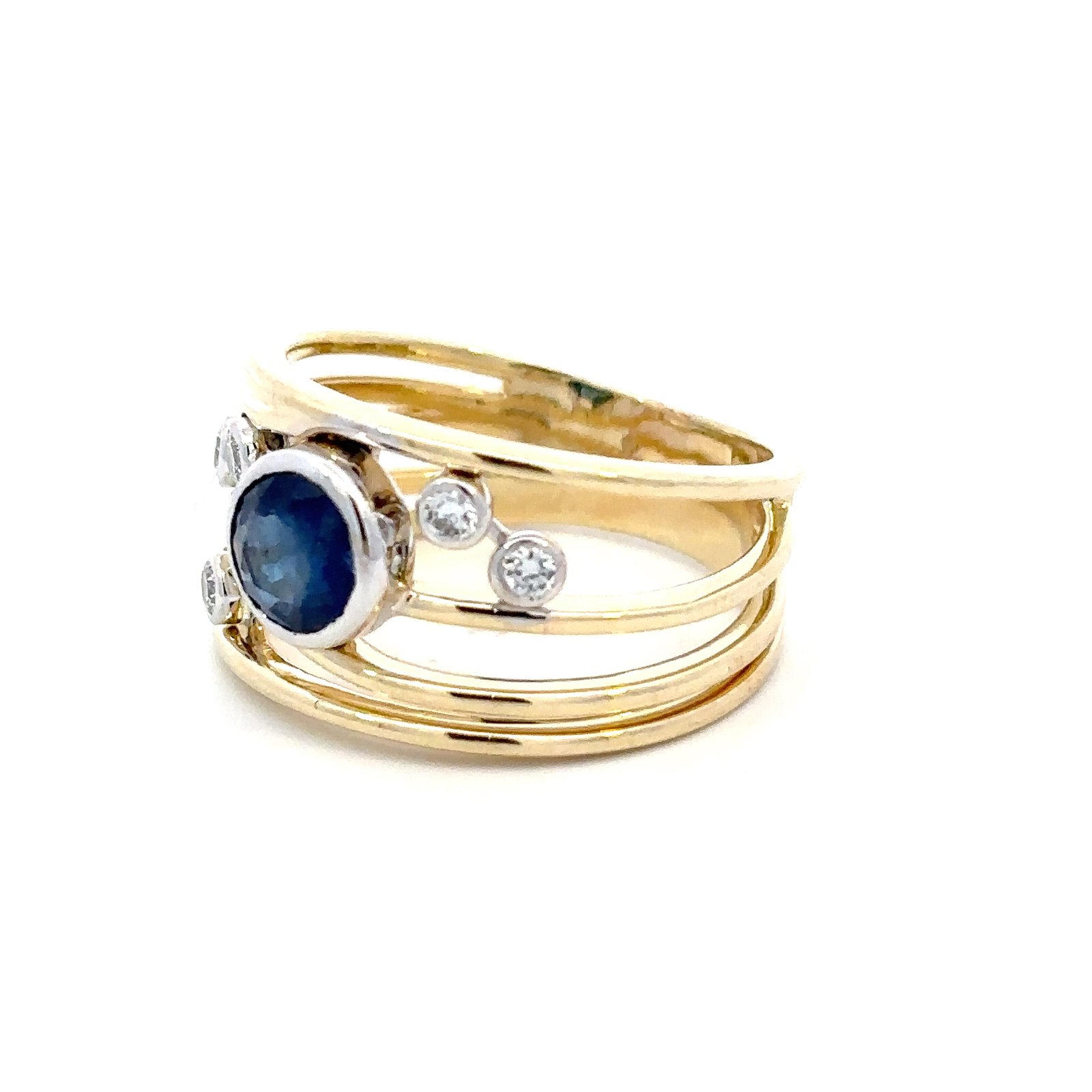 9K Yellow Gold Ring with Round Blue Sapphire 0.92 Carat and 5 Round White Diamonds TDW 0.17 Carat - Image 2