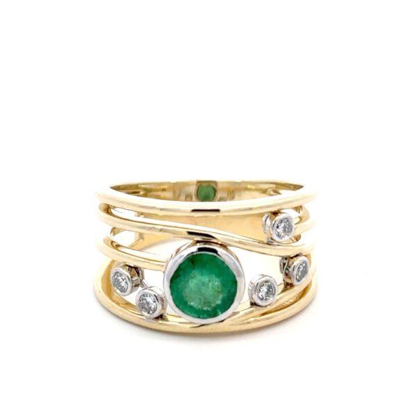 9K Yellow Gold Ring with Round Emerald 0.84 Carat and 5 Round White Diamonds TDW 0.16 Carat