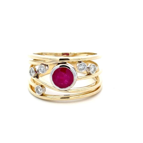 9K Yellow Gold Ring with Round Ruby 1.08 Carat and 5 Round White Diamonds TDW 0.18 Carat