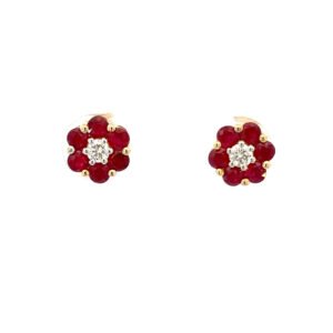 9K Yellow Gold Earrings 12 Rubies 0.96 Carat 2 Diamonds 0.15 Carat