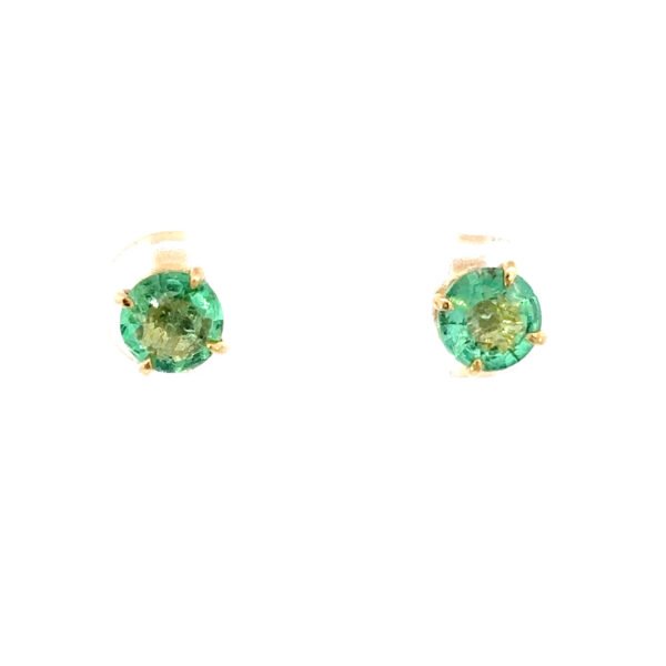 9K Yellow Gold Earrings 2 Round Columbian Emeralds TW 1.21 Carat