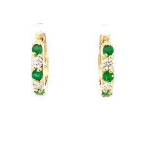 9K Yellow Gold Hoop Earrings Round Emeralds TCW 0.53 Carat Round White Diamonds TDW 0.5 Carat