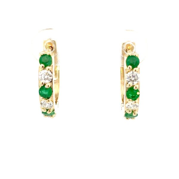 9K Yellow Gold Hoop Earrings Round Emeralds TCW 0.53 Carat Round White Diamonds TDW 0.5 Carat