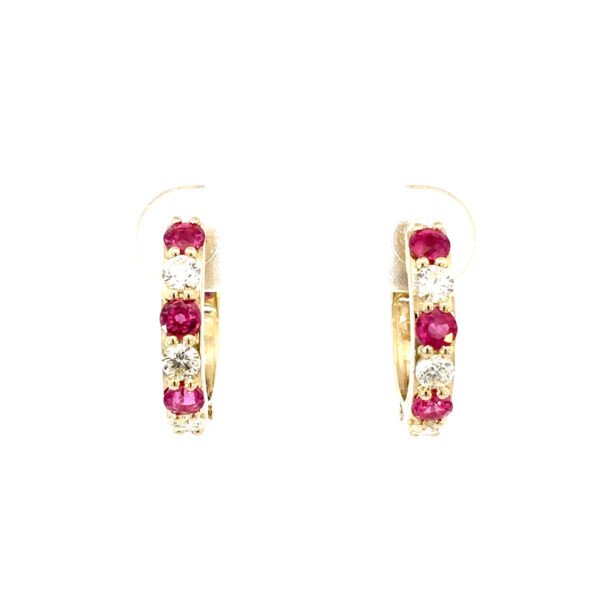 9K Yellow Gold Hoop Earrings Round Rubies TCW 0.9 Carat Round White Diamonds TDW 0.5 Carat