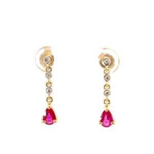9K Yellow Gold Drop Earrings 2 Pear Rubies TCW 0.55 Carat 6 Round White Diamond 0.06 Carat