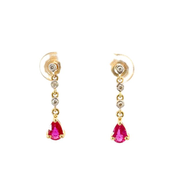9K Yellow Gold Drop Earrings 2 Pear Rubies TCW 0.55 Carat 6 Round White Diamond 0.06 Carat
