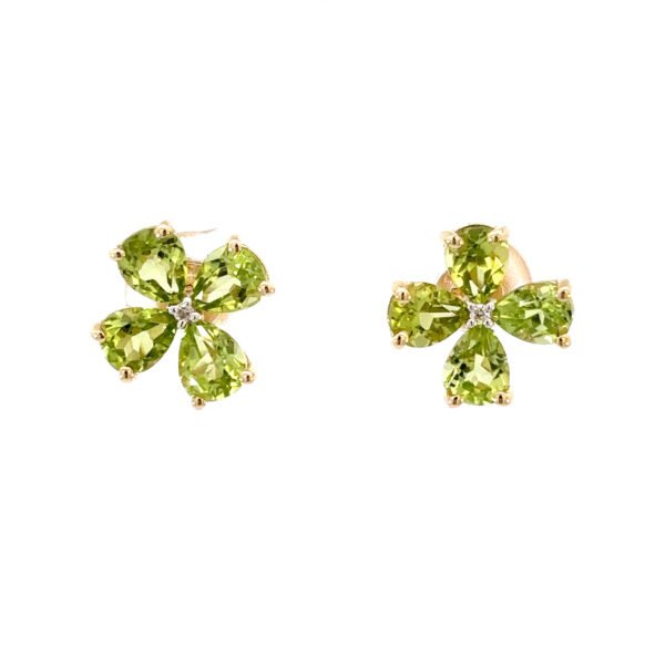 9K Yellow Gold Flower Earrings 8 Pear Peridots TCW 3.2 Carat 2 Round White Diamond 0.02 Carat