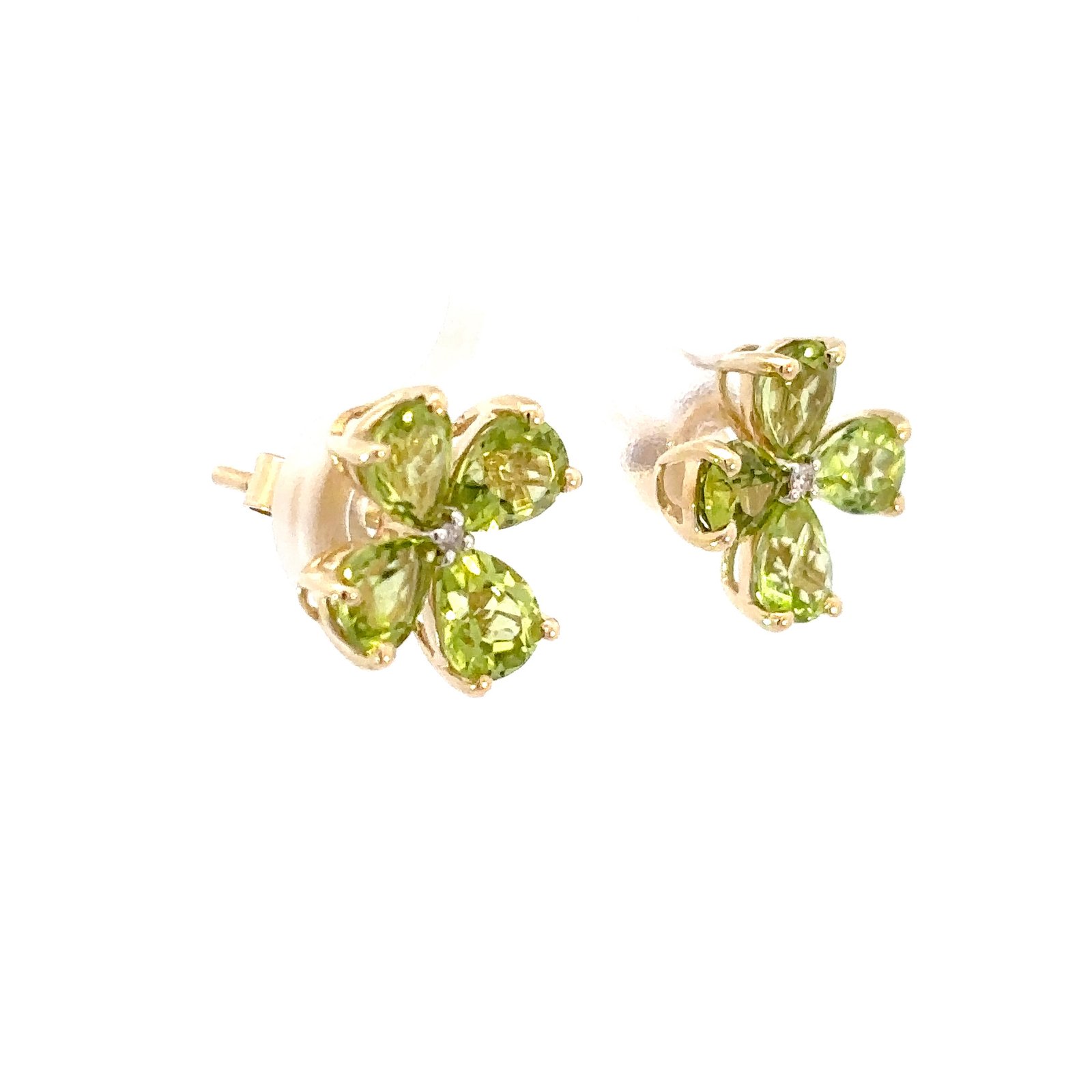9K Yellow Gold Flower Earrings 8 Pear Peridots TCW 3.2 Carat 2 Round White Diamond 0.02 Carat - Image 3