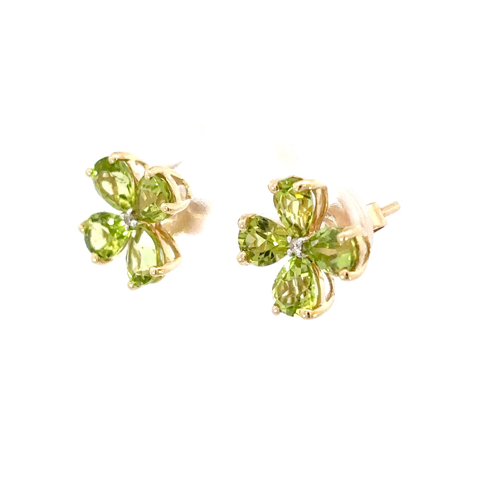 9K Yellow Gold Flower Earrings 8 Pear Peridots TCW 3.2 Carat 2 Round White Diamond 0.02 Carat - Image 2