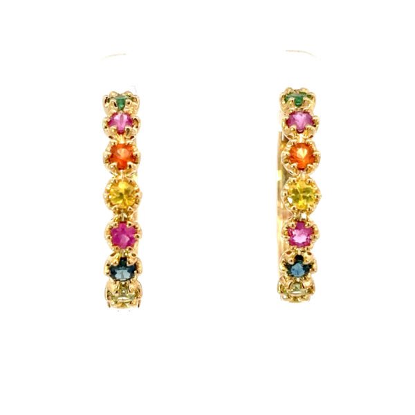 9K Yellow Gold Hoop Earrings with Round Multi-colored Stones