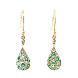 9K Yellow Gold Hook Earrings Round Emeralds TCW 0.63 Carat Round White Diamonds TDW 0.33 Carat