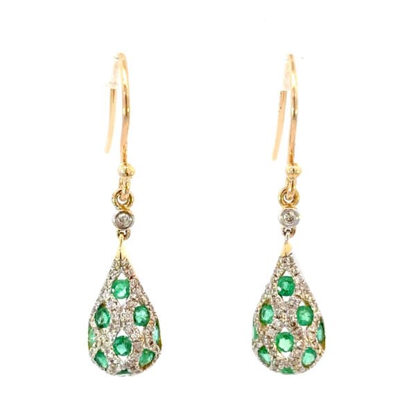 9K Yellow Gold Hook Earrings Round Emeralds TCW 0.63 Carat Round White Diamonds TDW 0.33 Carat