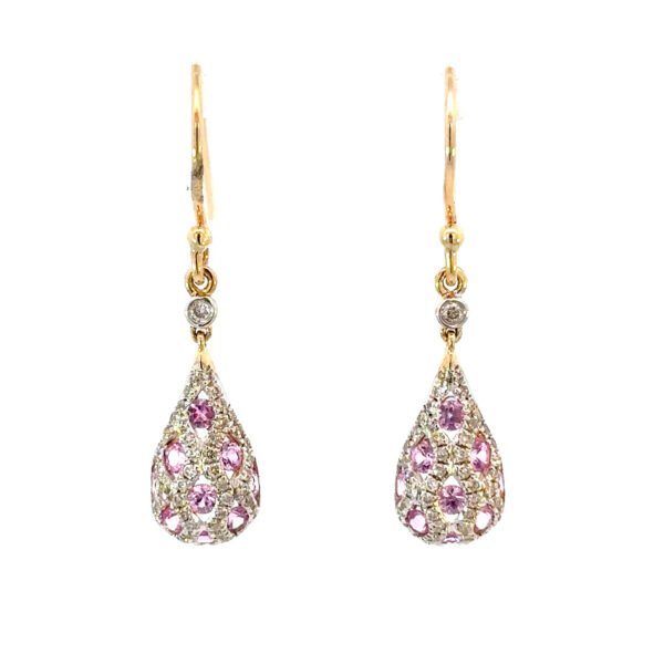 9K Yellow Gold Hook Earrings Round Pink Sapphires TCW 0.85 Carat Round White Diamonds TDW 0.38 Carat