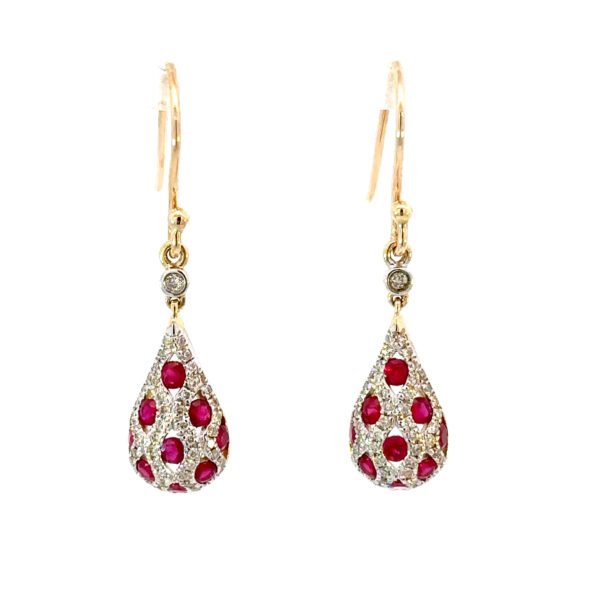 9K Yellow Gold Hook Earrings Round Rubies TCW 0.7 Carat Round White Diamonds TDW 0.34 Carat