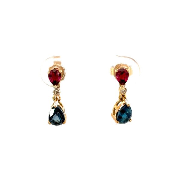 9K Yellow Gold Stud Earrings with Pear cut Rhodolite Garnets and London Topaz