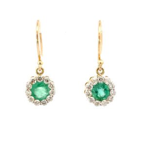 9K Yellow Gold Hook Earrings 2 Round Emeralds TCW 1.26 Carat Round White Diamonds TDW 0.54 Carat
