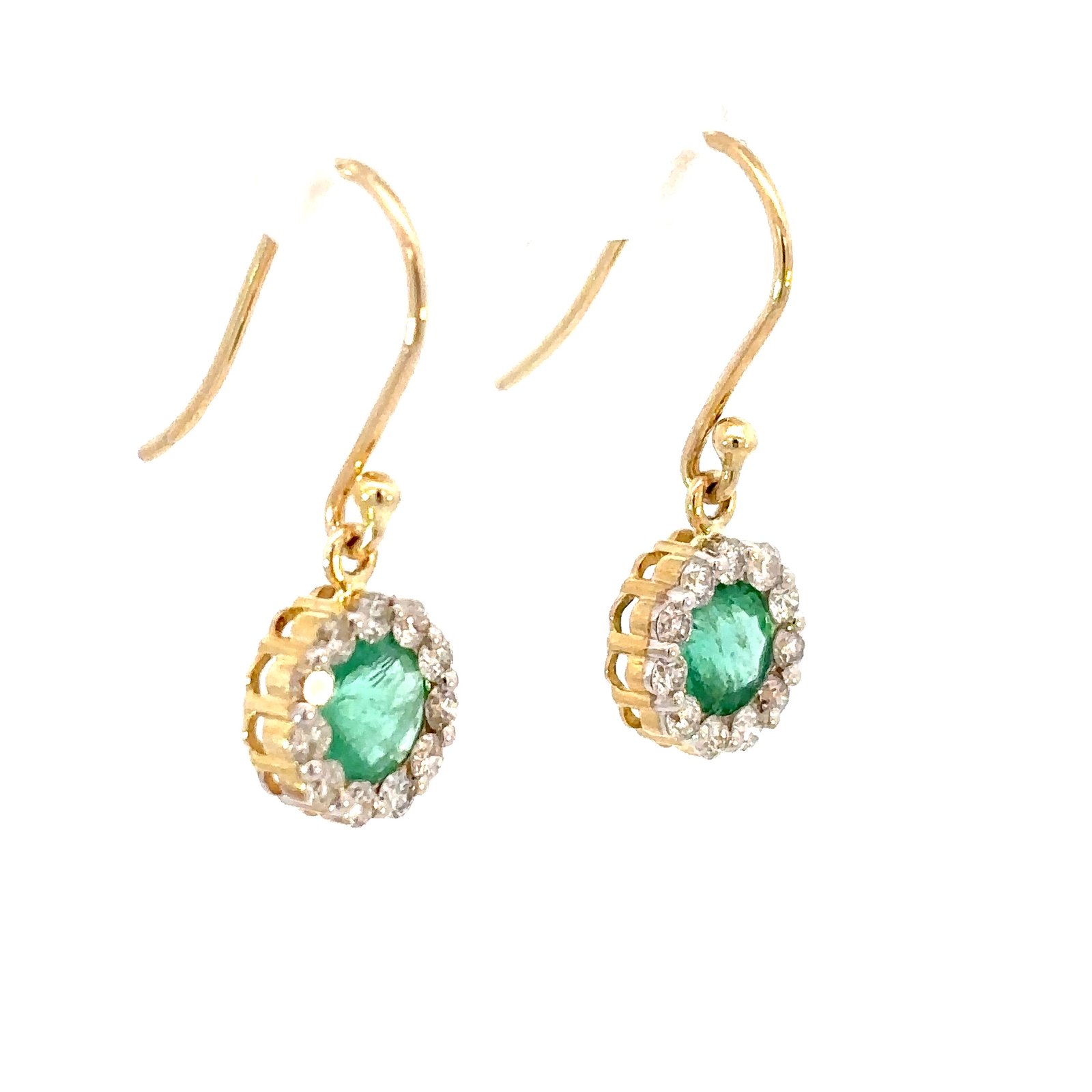 9K Yellow Gold Hook Earrings 2 Round Emeralds TCW 1.26 Carat Round White Diamonds TDW 0.54 Carat - Image 3
