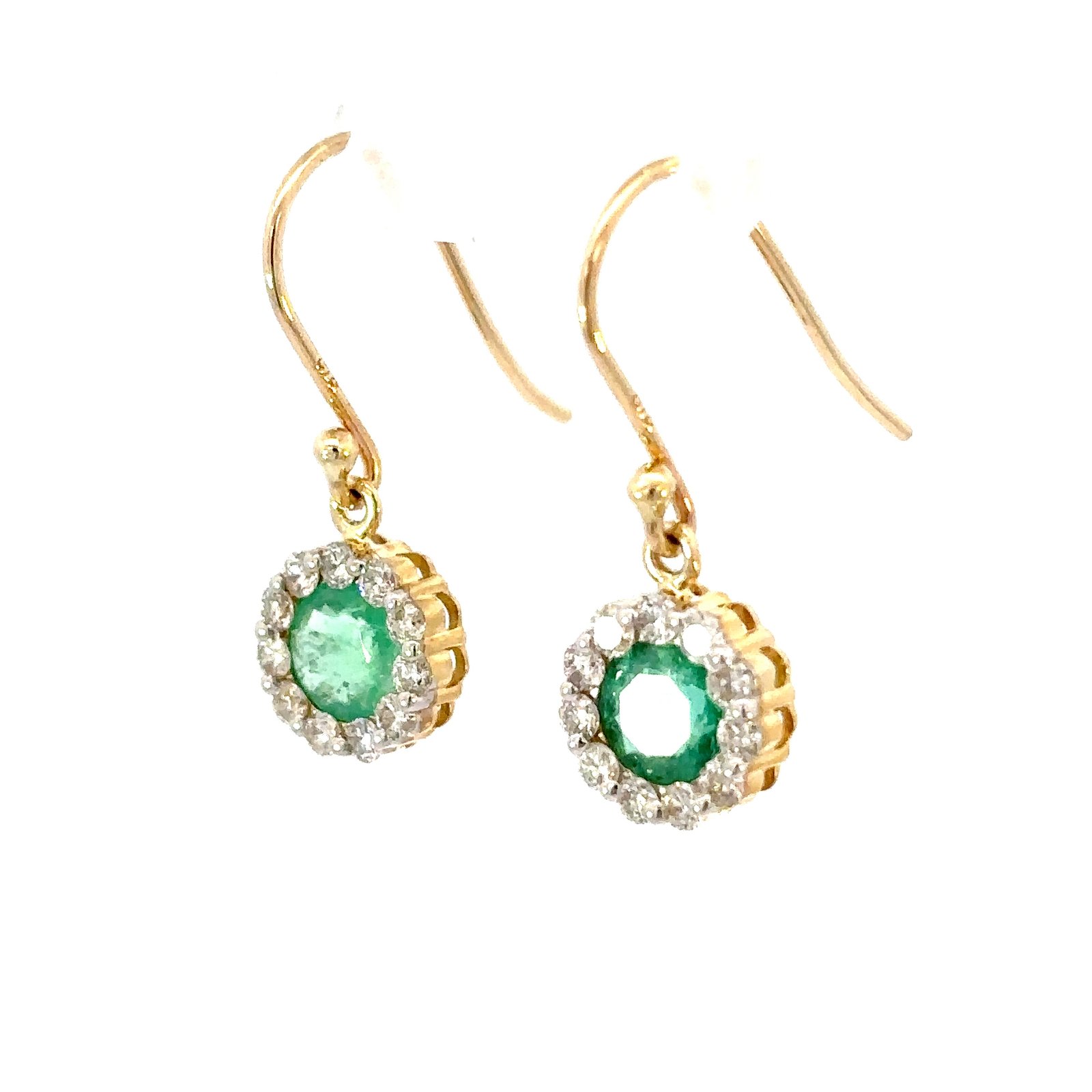 9K Yellow Gold Hook Earrings 2 Round Emeralds TCW 1.26 Carat Round White Diamonds TDW 0.54 Carat - Image 2