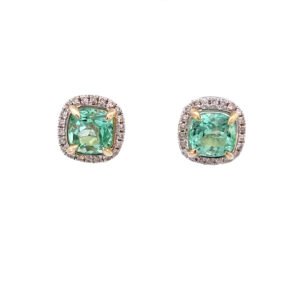 9K Yellow Gold Stud Earrings 2 Cushion cut Colombian Emeralds TCW 2.22 Carat Round White Diamonds TDW 0.18 Carat