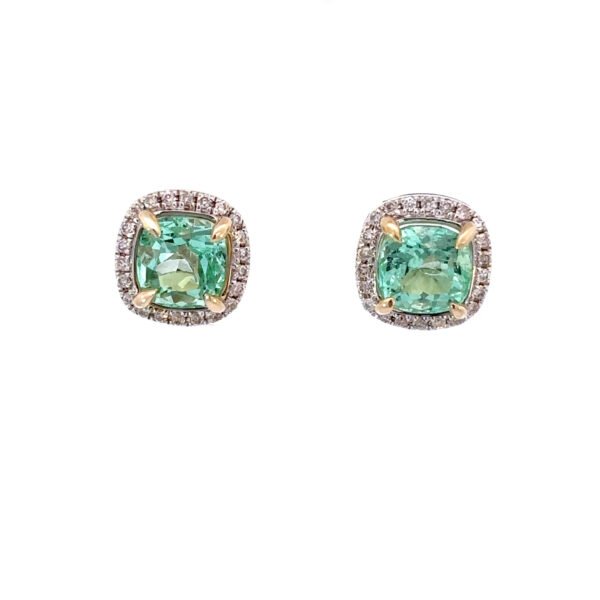 9K Yellow Gold Stud Earrings 2 Cushion cut Colombian Emeralds TCW 2.22 Carat Round White Diamonds TDW 0.18 Carat