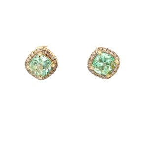 9K Yellow Gold Stud Earrings 2 Cushion cut Colombian Emeralds TCW 2.27 Carat Round White Diamonds TDW 0.19 Carat