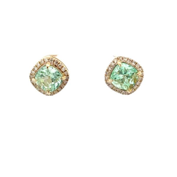 9K Yellow Gold Stud Earrings 2 Cushion cut Colombian Emeralds TCW 2.27 Carat Round White Diamonds TDW 0.19 Carat