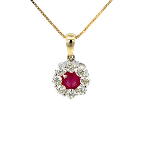 9K Yellow Gold Pendant Round Ruby 0.65 Carat Round White Diamonds TDW 0.46 Carat