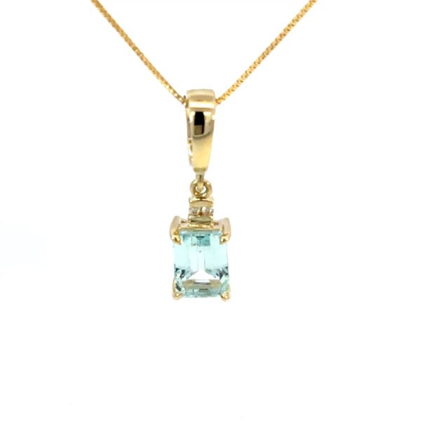 9K Yellow Gold Pendant Emerald cut Aquamarine 1.15 Carat White Diamonds TDW 0.01 Carat