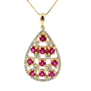 9K Yellow Gold Pendant Round Rubies TCW 2.2 Carat Round White Diamonds TDW 0.45 Carat