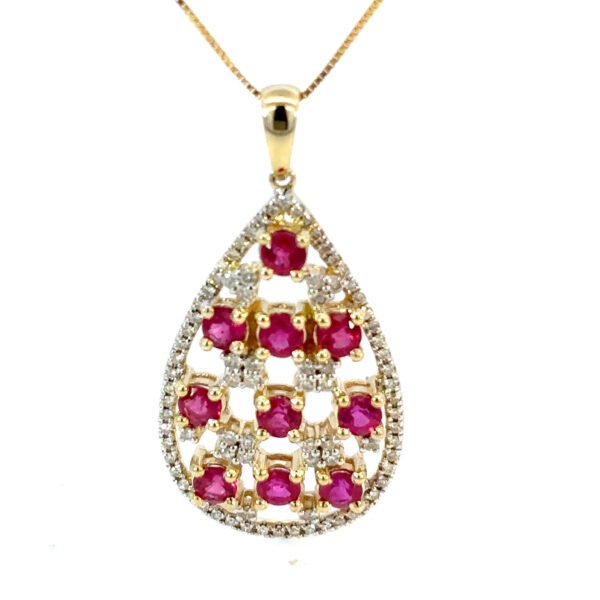9K Yellow Gold Pendant Round Rubies TCW 2.2 Carat Round White Diamonds TDW 0.45 Carat
