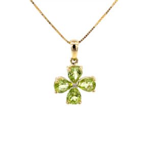 9K Yellow Gold Flower Pendant 4 Pear Peridots TCW 1.5 Carat 1 Round White Diamond 0.01 Carat