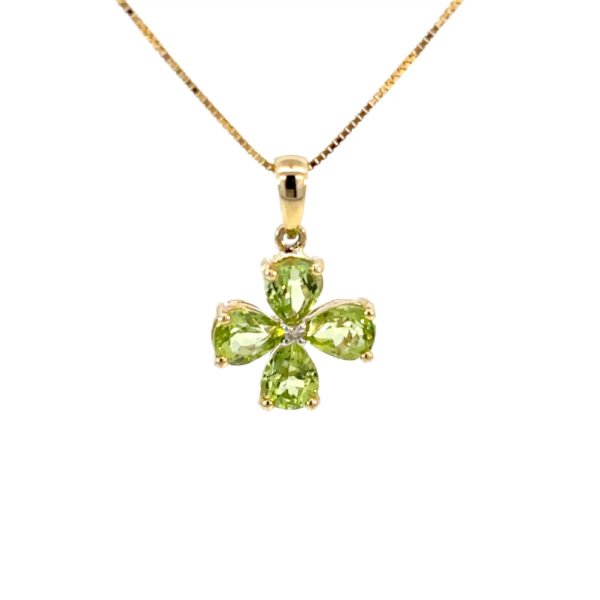 9K Yellow Gold Flower Pendant 4 Pear Peridots TCW 1.5 Carat 1 Round White Diamond 0.01 Carat