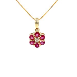 9K Yellow Gold Flower Pendant 6 Round Rubies TCW 0.6 Carat 1 Round White Diamond 0.01 Carat