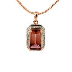 9K Rose Gold Pendant Emerald cut Pink Tourmaline 3.4 Carat Round White Diamonds TDW 0.15 Carat