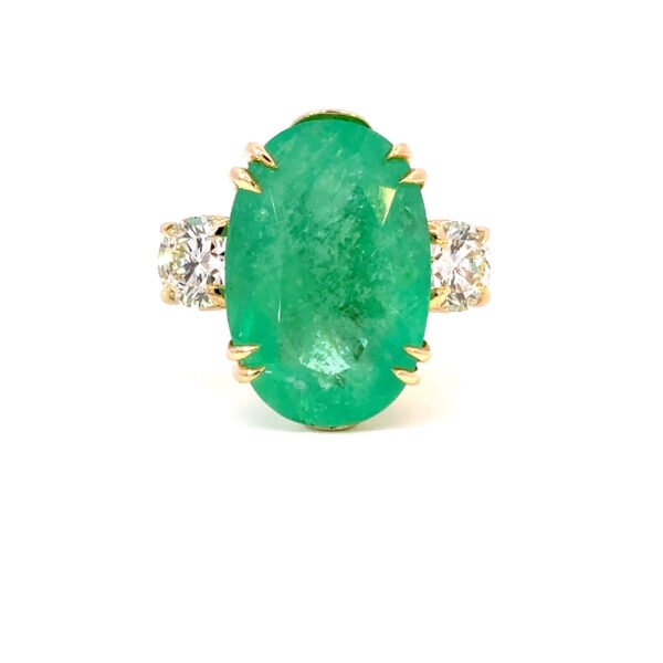 18K Yellow Gold Ring Oval Emerald 13.23 Carat 2 Round White Diamonds TDW 1.6 Carat