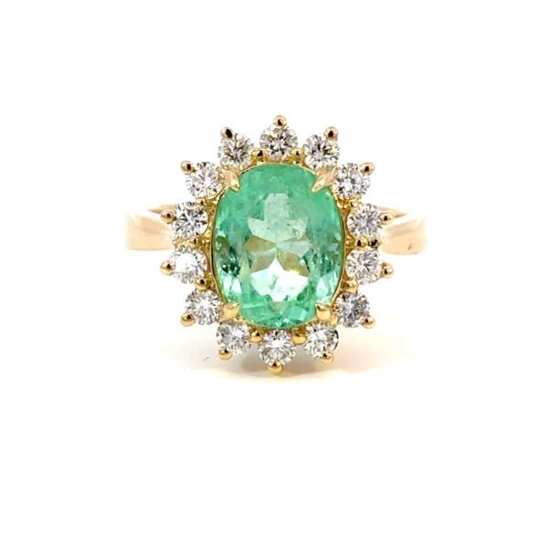 18K Yellow Gold Ring Oval Colombian Emerald 3.17 Carat Round White Diamonds TDW 0.79 Carat