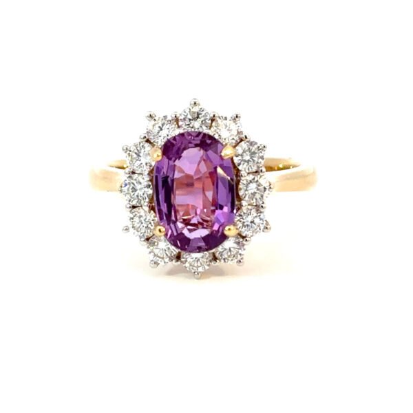 18K Yellow Gold Ring Oval Pink Sapphire 2.32 Carat Round White Diamonds TDW 0.94 Carat
