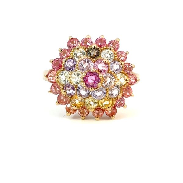9K Yellow Gold Ring Round Multi-colored Sapphires TCW 3.67 Carat