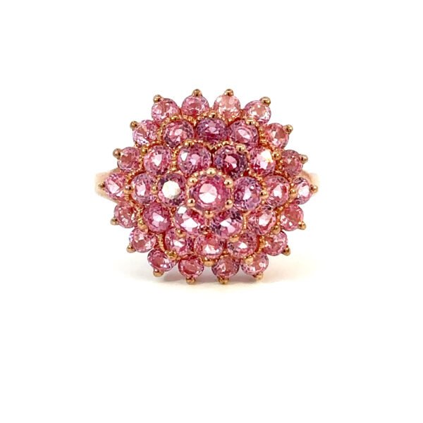 9K Yellow Gold Ring Round Pink Sapphires TCW 3.78 Carat