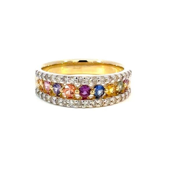 9K Yellow Gold Ring Round Multi-colored Sapphires TCW 0.57 Carat White Diamonds TDW 0.42 Carat
