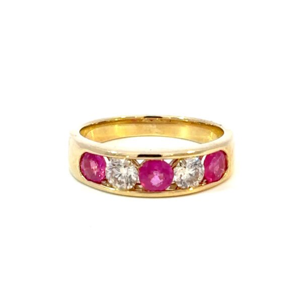 9K Yellow Gold Ring 3 Round Rubies TCW 0.94 Carat 3 Round White Diamonds TDW 0.54 Carat