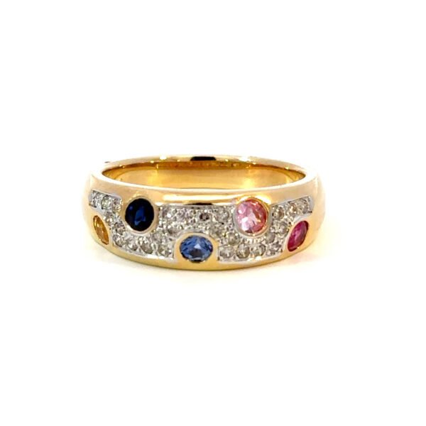 18K Yellow Gold Ring Round Multi-colored Sapphires White Diamonds TDW 0.25 Carat