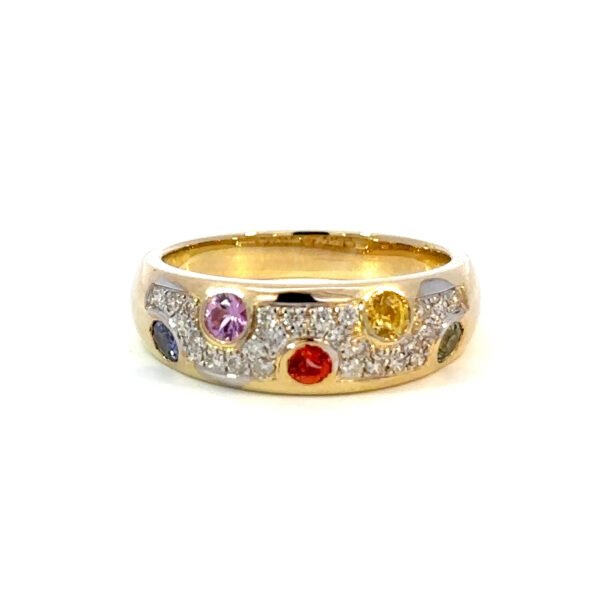9K Yellow Gold Ring Round Multi-colored Sapphires TCW 0.66 Carat White Diamonds TDW 0.20 Carat