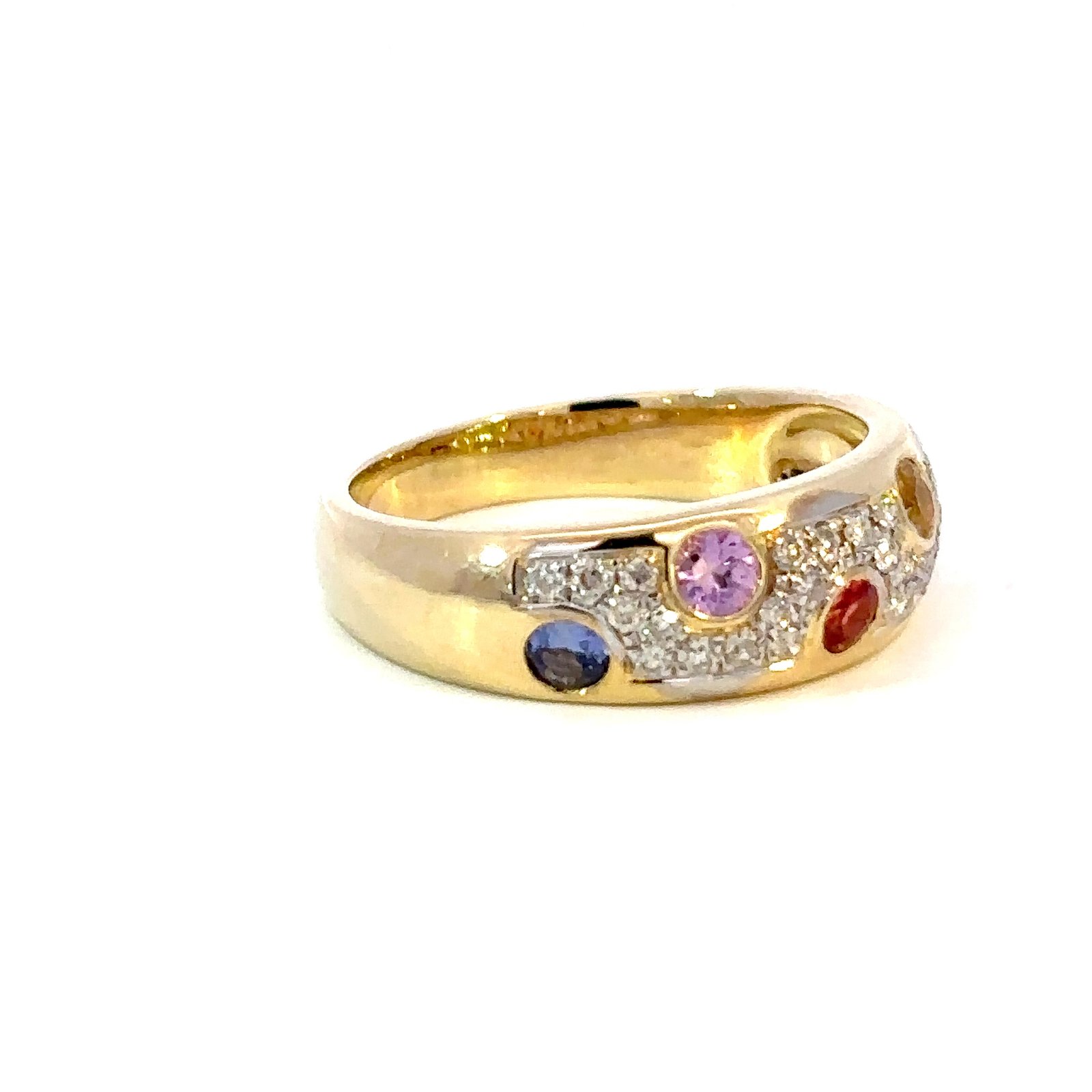 9K Yellow Gold Ring Round Multi-colored Sapphires TCW 0.66 Carat White Diamonds TDW 0.20 Carat - Image 3