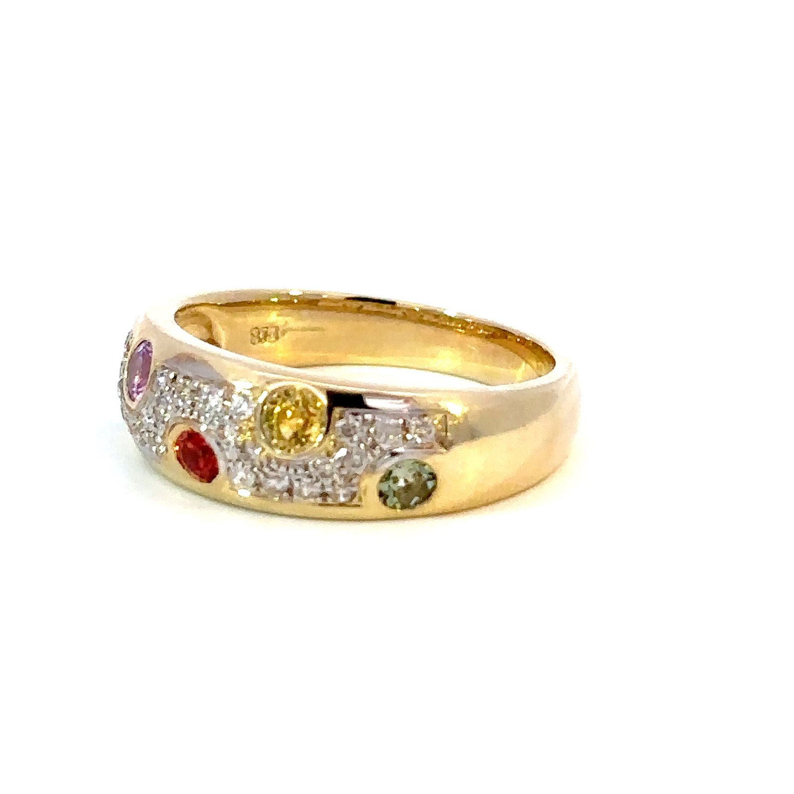 9K Yellow Gold Ring Round Multi-colored Sapphires TCW 0.66 Carat White Diamonds TDW 0.20 Carat - Image 2