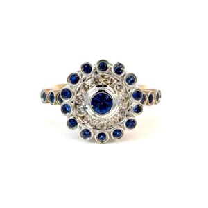 9K Yellow Gold Ring 21 Round Ceylon Sapphires White Diamonds TDW 0.42 Carat