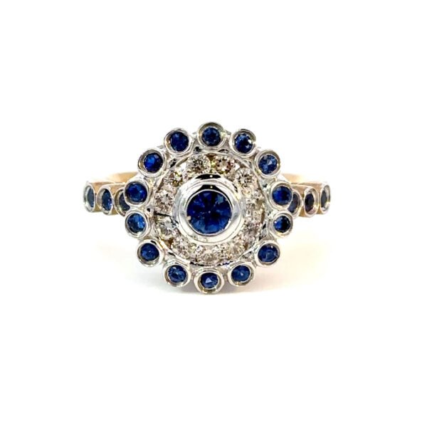 9K Yellow Gold Ring 21 Round Ceylon Sapphires White Diamonds TDW 0.42 Carat