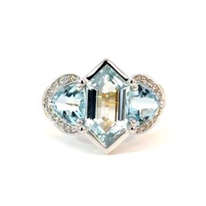 9K Yellow Gold Ring Multi-shaped Aquamarines TCW 5.18 Carat White Diamonds TDW 0.17 Carat