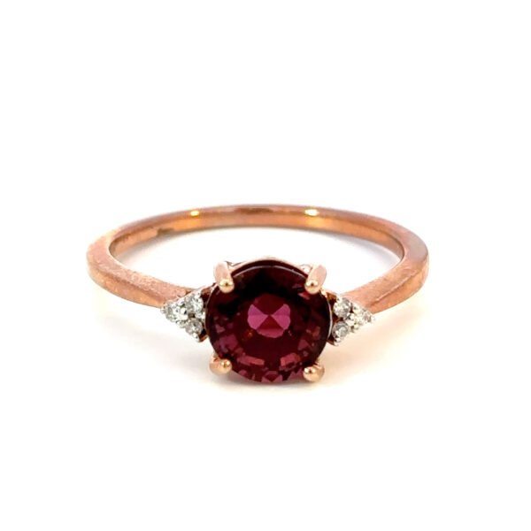 9K Rose Gold Ring Round Pink Tourmaline 1.46 Carat Round White Diamonds TDW 0.04 Carat